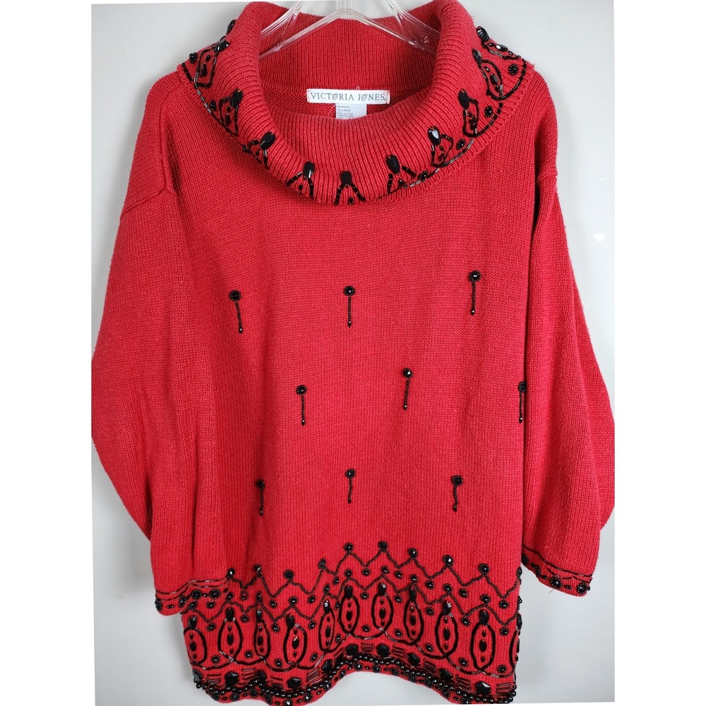 Vtg Victoria Jones Red Beaded Cowl Neck Sweater Top Womens‎ Size L Ramie Cotton